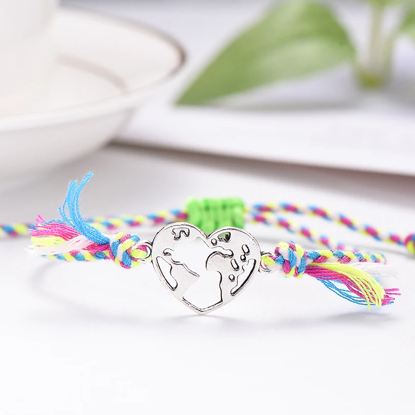 Bohemian Style Rope Braided Heart Bracelet Lover Couple Best Wishes World Map Charm Bracelets Women Wish Jewelry Gift