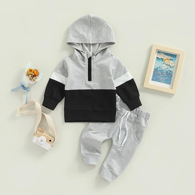 3935 Autumn Newborn Baby Boy Girl Clothing Set Patchwork Hooded Long Sleeve Pullover Zipper Top+Long Pants Outfit Tracksuits Set