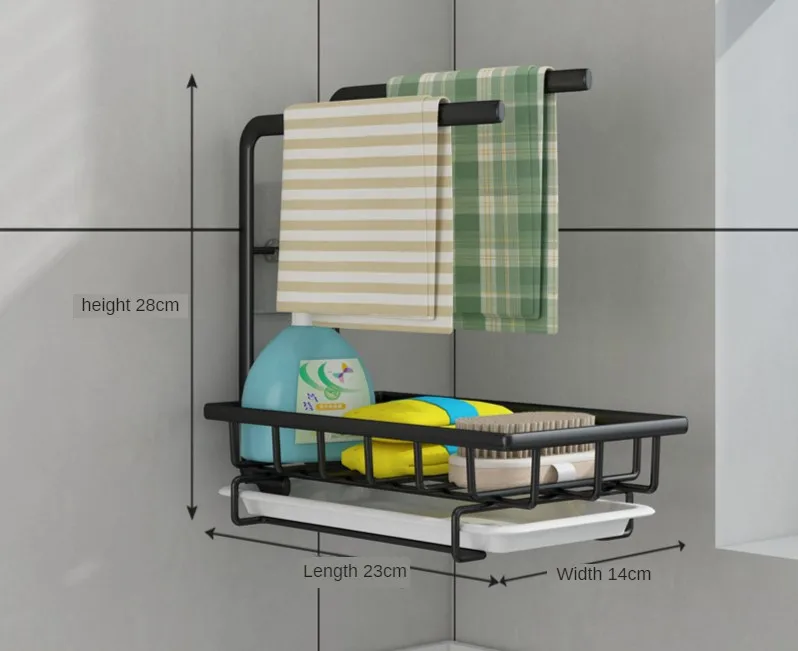 Smart-Furn 2 pole Kitchen Sink Organizer Sponge Holder with Towel Rack Drain Pan for Bathroom Storage Brush Soap Dish Dishcloth