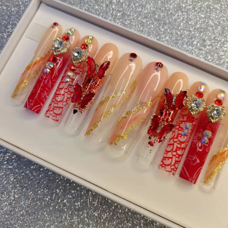 B 35% off Private label custom press on nails high quality new fashion red pallet false nails coffin long curve artificial nails