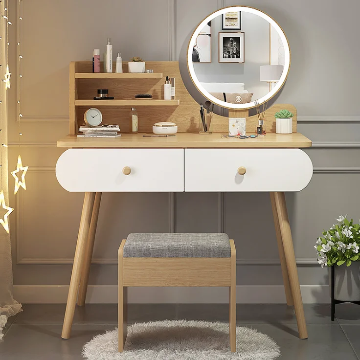 Vanity Set with Mirror, Makeup Vanity Dressing Table Table with Drawers, Padded Stool White