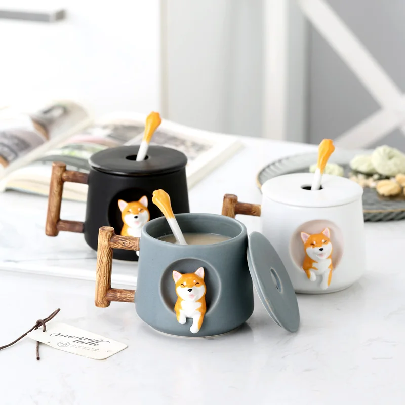 Kawaii керамическая кофейная кружка набор мультфильм 3D Шиба-ину собака рельефная монтируемая Персонализированная чашка для молока чая с крышкой ложкой рождественские