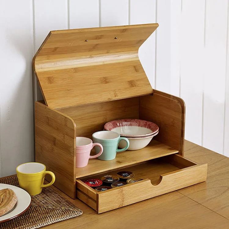 Chinese cheap wooden food storage box bamboo double layer bread box for kitchen