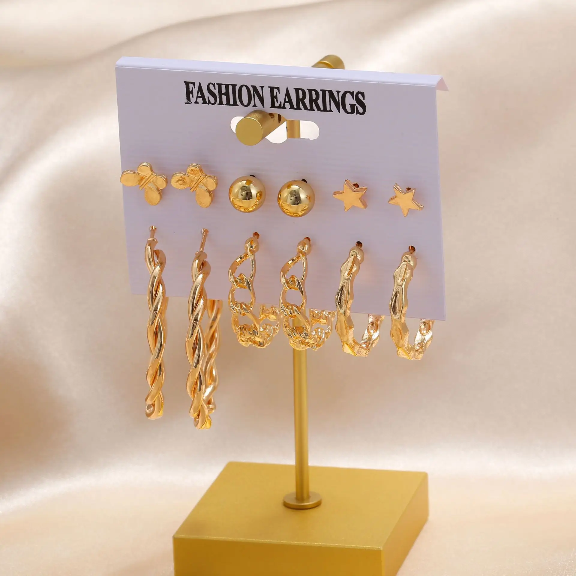 18K Gold Plated  Metal Five-pointed Star Butterfly Hollow Circle Ear Ring Ear Studs Suit 6-piece Set for Women