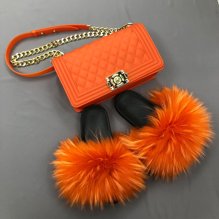 2021 wholesale fashion women raccoon fur slides and purse fur slide set set vendor