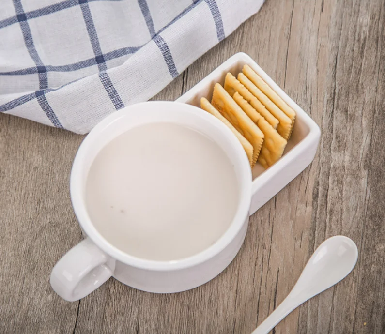 Wholesale ceramic cookie holder mug plain white breakfast milk coffee cookie cup biscuit coffee mugs