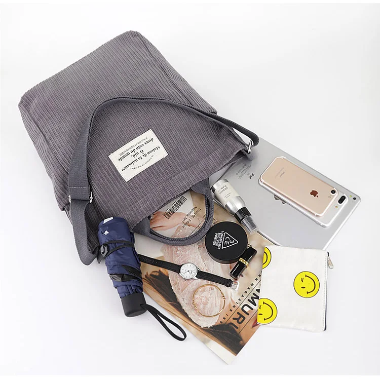 Wholesale Fashion Designed Reusable Cotton Canvas Crossbody Corduroy Tote Bag With Adjustable Strap