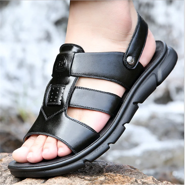 Модные дышащие мужские повседневные кожаные сандалии на плоской подошве оптом