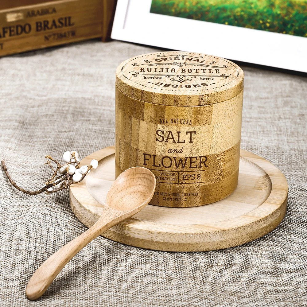 Custom Logo 125G 155G 180G 250G Bamboo Storage Container Full Bamboo Tea Spices Storage Bamboo Salt Box With Wooden Spoon