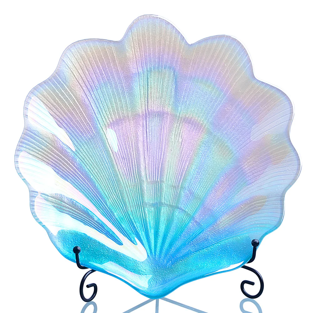 custom logo iridescence colored dinner plate shell shaped glass charger plate for event