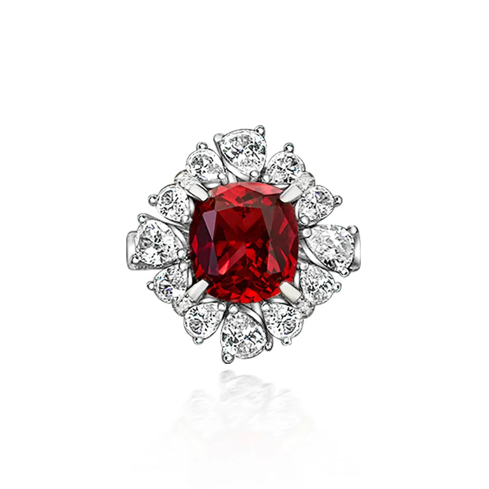 Jewelry 2024 New Simulated Ruby 6 Carat Fat Square 10 * 11 Luxury Full Diamond 925 Sterling Silver Ring