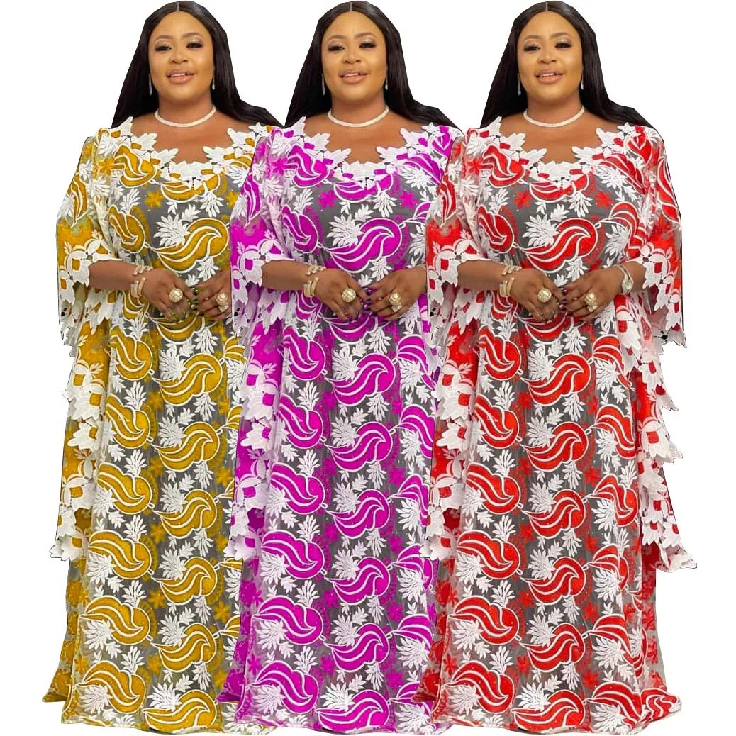 H & D African Dresses for Women Lace Boubou Robe New Dashiki Africain Kaftan Dresses