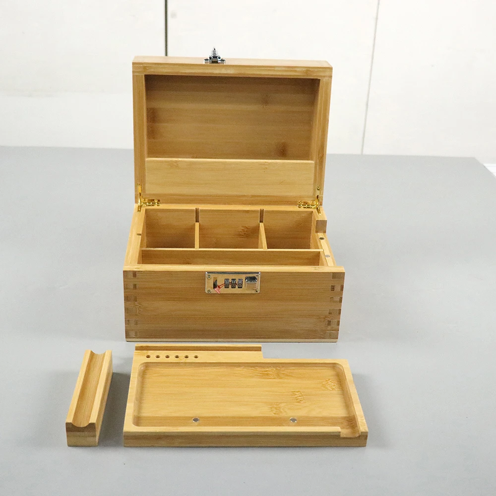 New custom 100% Bamboo Storage Box wooden Smoking Stash Box Sliding Rolling Tray with combination Lock