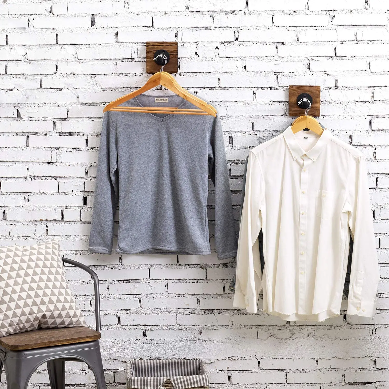 Industrial Metal Pipe & Burnt Wood Wall Mounted Clothing Coat Garment Rack Hanger Hooks
