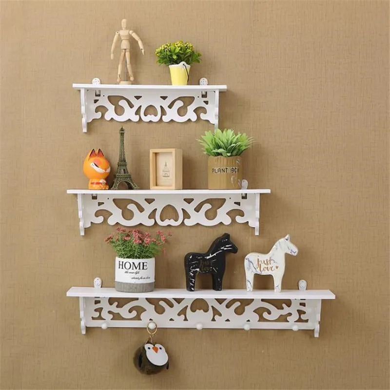 Scrollwork Design Floating Shelves Wood-Plastic Composite Wall Mounted White Display Stand Racks for Books & Collectibles 3-SET