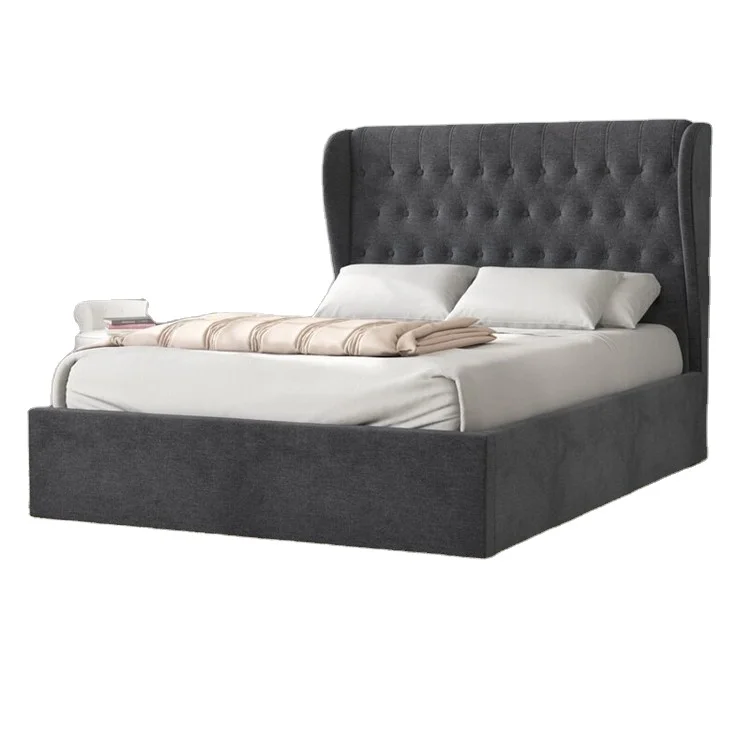 Chesterfield Double bed Kingsize Grey Ottoman Velvet Wing Bed With Storage