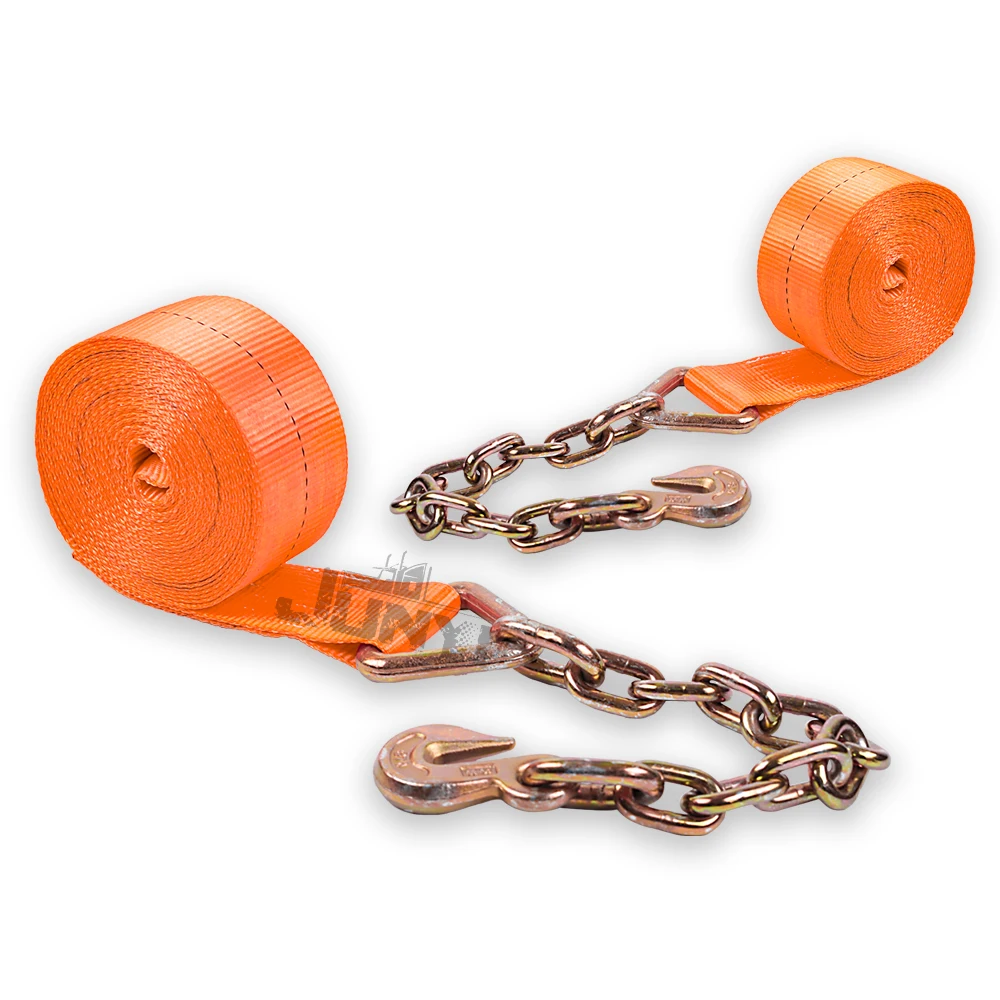 3inch 5400lbs heavy duty cargo lashing orange winch strap with chain and grab hook for trailer control