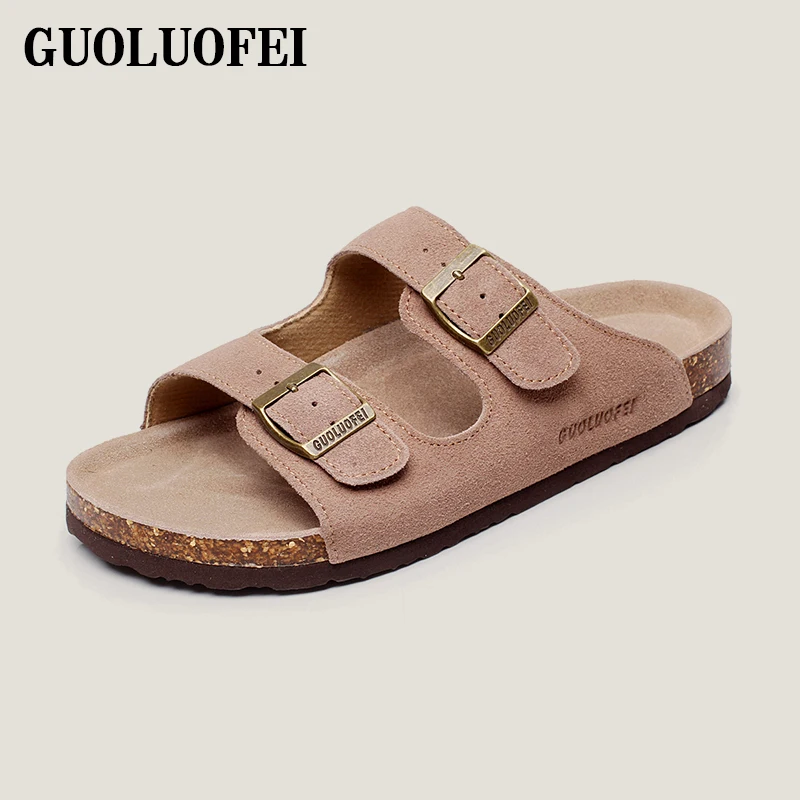 latest fashion double buckle PU leather cork sole sandals for adult beach slipper