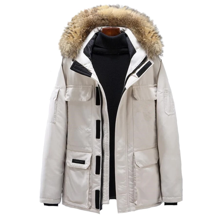 OEM Высокое качество производительность несколько накладных карманов 90% белый утиный гусиный пух зимняя меховая мужская куртка пальто парка