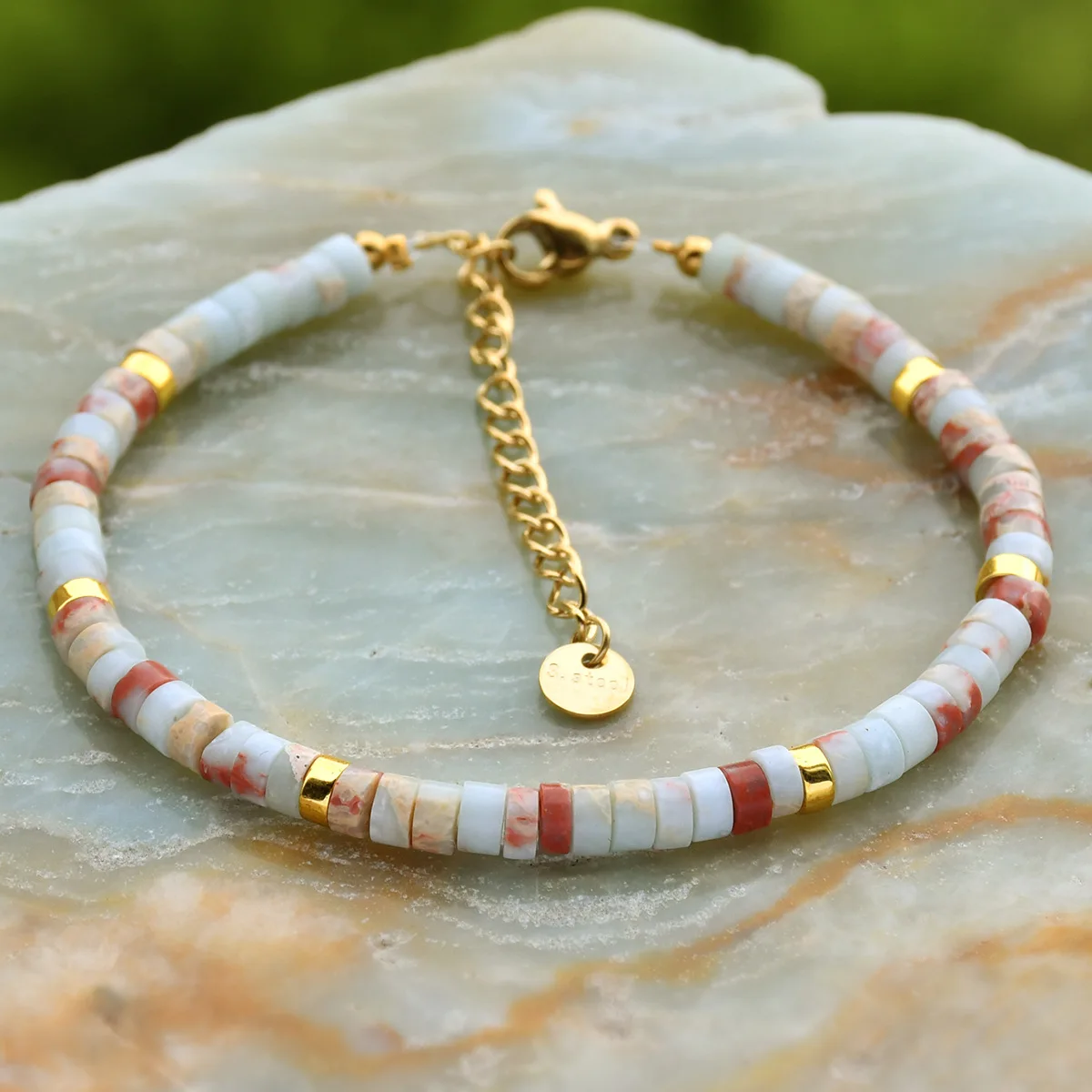 18k Gold PVD Stainless Steel 2x4mm Natural Stone Beads Dainty Bracelet Women Clasp Chain Adjustable Healing Bracelet Wholesale