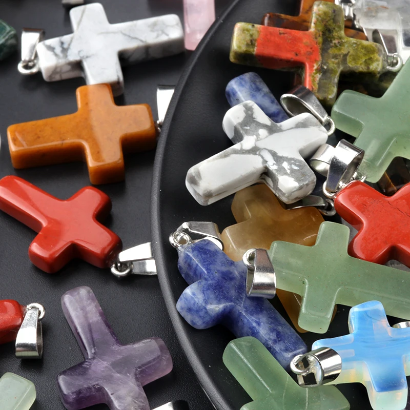 Natural Crystal Gemstones Jade Agate Cross Shaped Assorted Cross Charm Pendant Necklace For DIY Jewelry Making