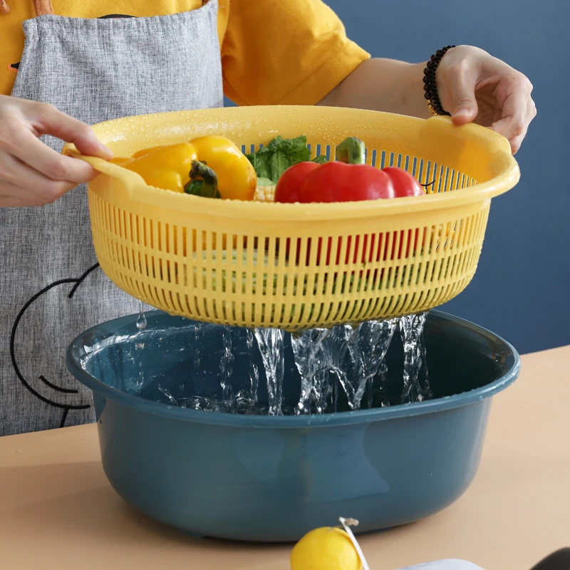 Wholesale Kitchen Tool Multii-funtion Fruit Vegetable Storage Double Layer Plastic Drain Basket With Lid