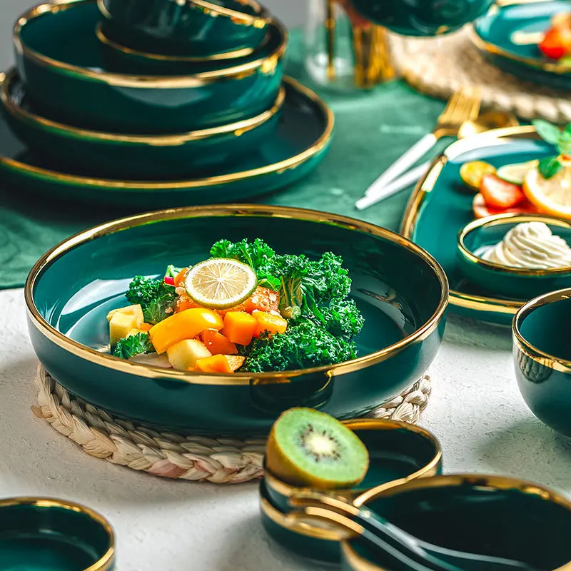 emerald green dinnerware gold rim tableware set ceramic home rice bowl western plate dishes