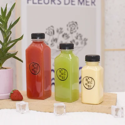 Wholesale Clear 8oz 12oz 16oz Empty Square Food Grade Beverage Packaging Plastic Juice Bottle With Cap for Business