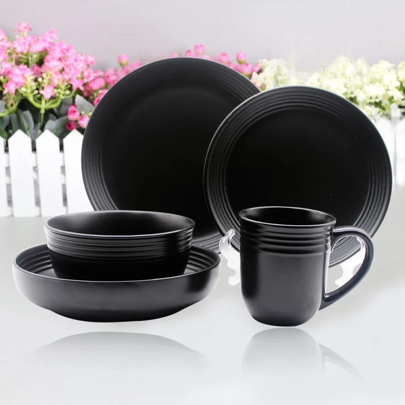 Eco friendly nordic tableware dinner plate 4 user home black embossed ceramic dinnerware set