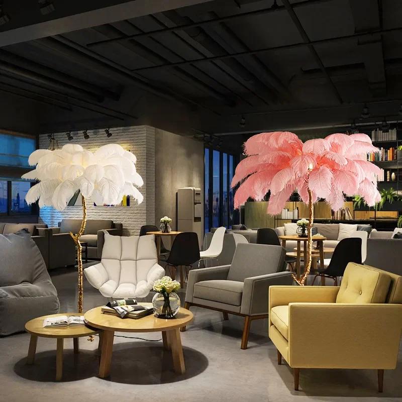 Luxury Modern Light Antique Corner Decorative Ostrich Feathers Shade Led Standing Floor Lamps
