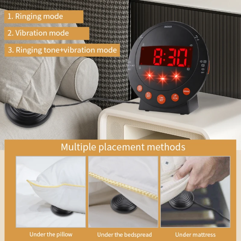 Deaf hearing impaired with bed shaker doorbell reminder vibrating ring alarm clock for hotel nightstand