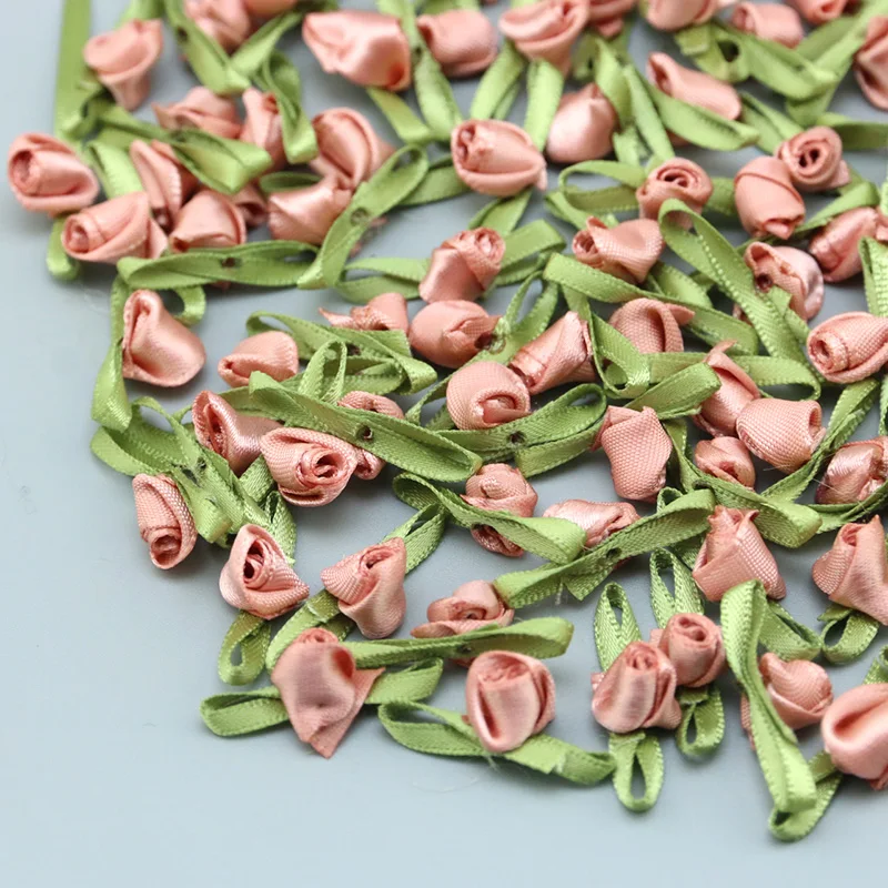 (100pcs/pack)Green Leaf Flower Bud Satin Bow Mini Colored Rose Home Wedding Party Ribbon Clothing Decoration Clip Craft Supplies