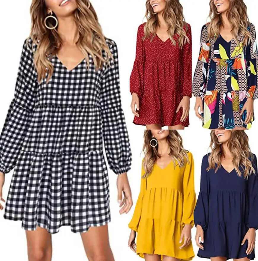 Drop Shipping Amoretu Women Fall Tunic Dress V Neck Casual Loose Flowy Swing Shift Dresses