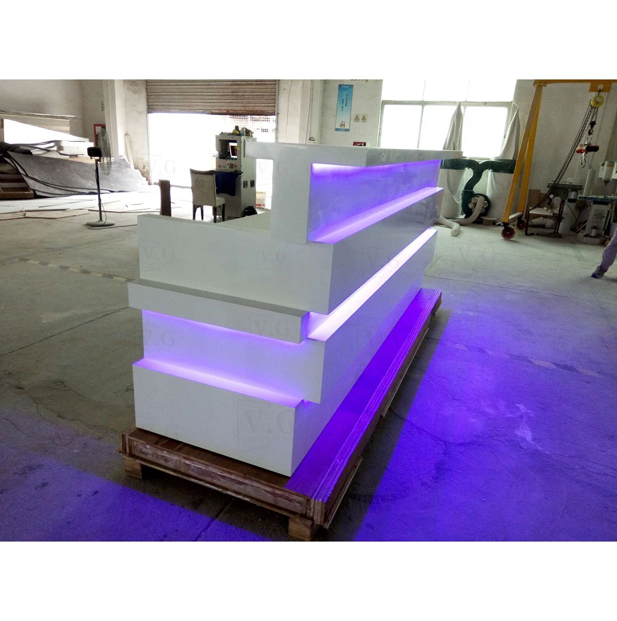 Strip Design With LED White Surface Artificial Stone Salon Office Mall Hotel Reception Service Counter Desk