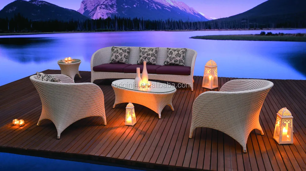 5 piece resort hotel resin wicker armchairs and coffee table furniture plastic Curved rattan outdoor sofa set