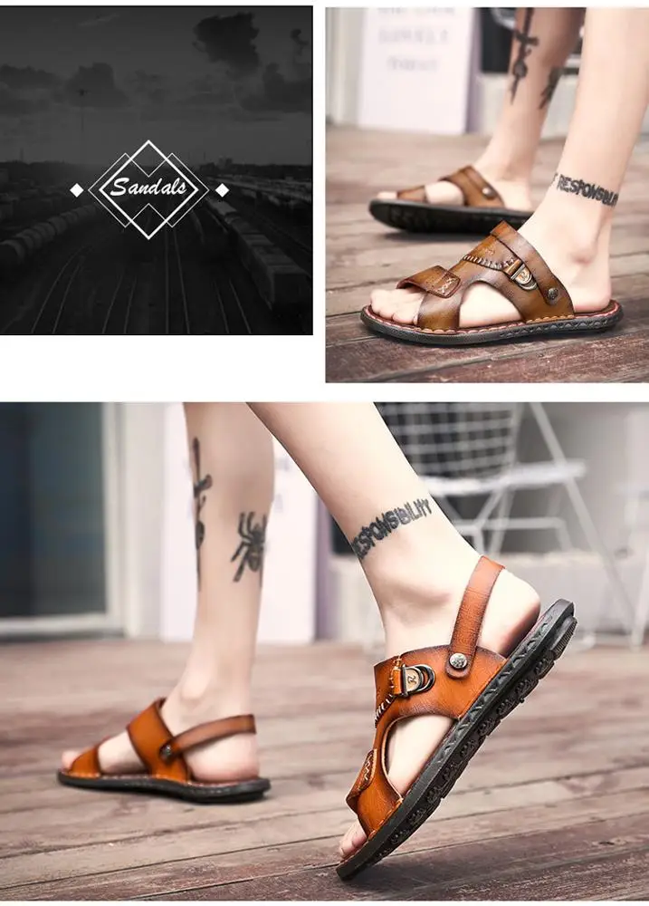 
Pop beach shoes men new summer big size cool slippers men leather breathable casual shoes men non-slip flip-flops 