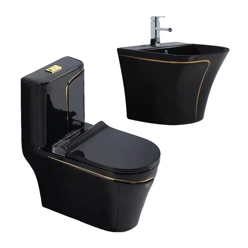 BP Modern luxury bathroom complete sanitary ware one piece ceramic commode pedestal sink basin wc toilet bowl set with gold rim