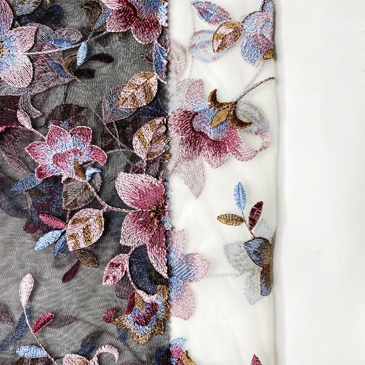 Harvest boho nylon polyester pink and navy floral design embroidered fabric 190-200 gsm for dress