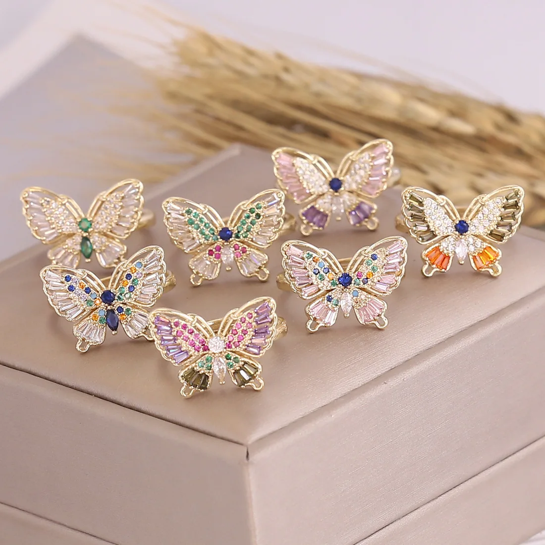 Polychrome Butterfly 18Krgp Ring INS Opening Adjustable Zircon Butterfly Ring Brass