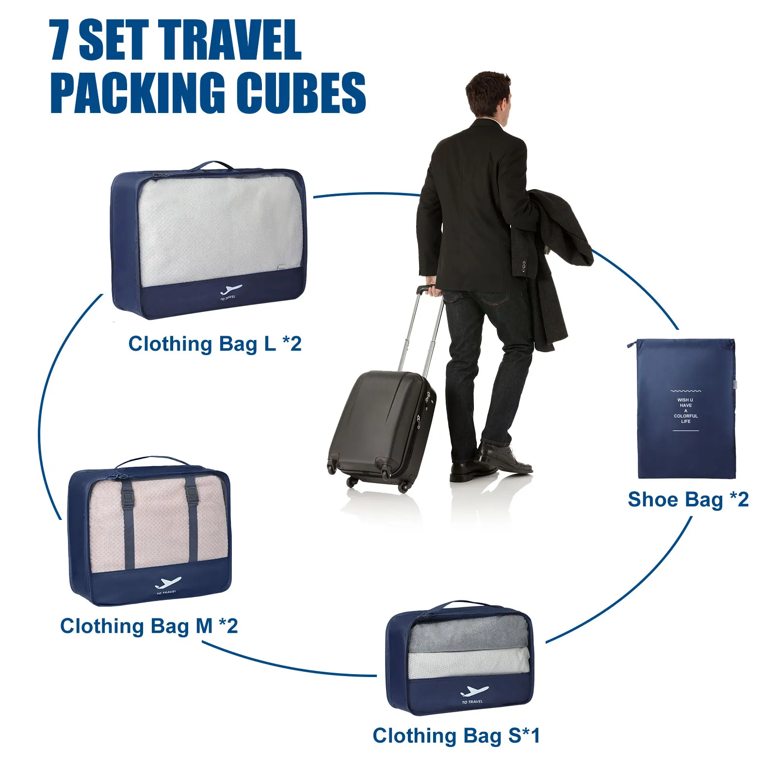 Travel Accessories 7 Set Compression Mesh Luggage Packing Organizers Packing Cubes with 2 Shoe Bags