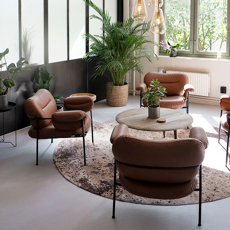 Nordic Style Casual Brown Sofa Furniture Living Room Armchair Modern Design Pu Cushion Arm Chair