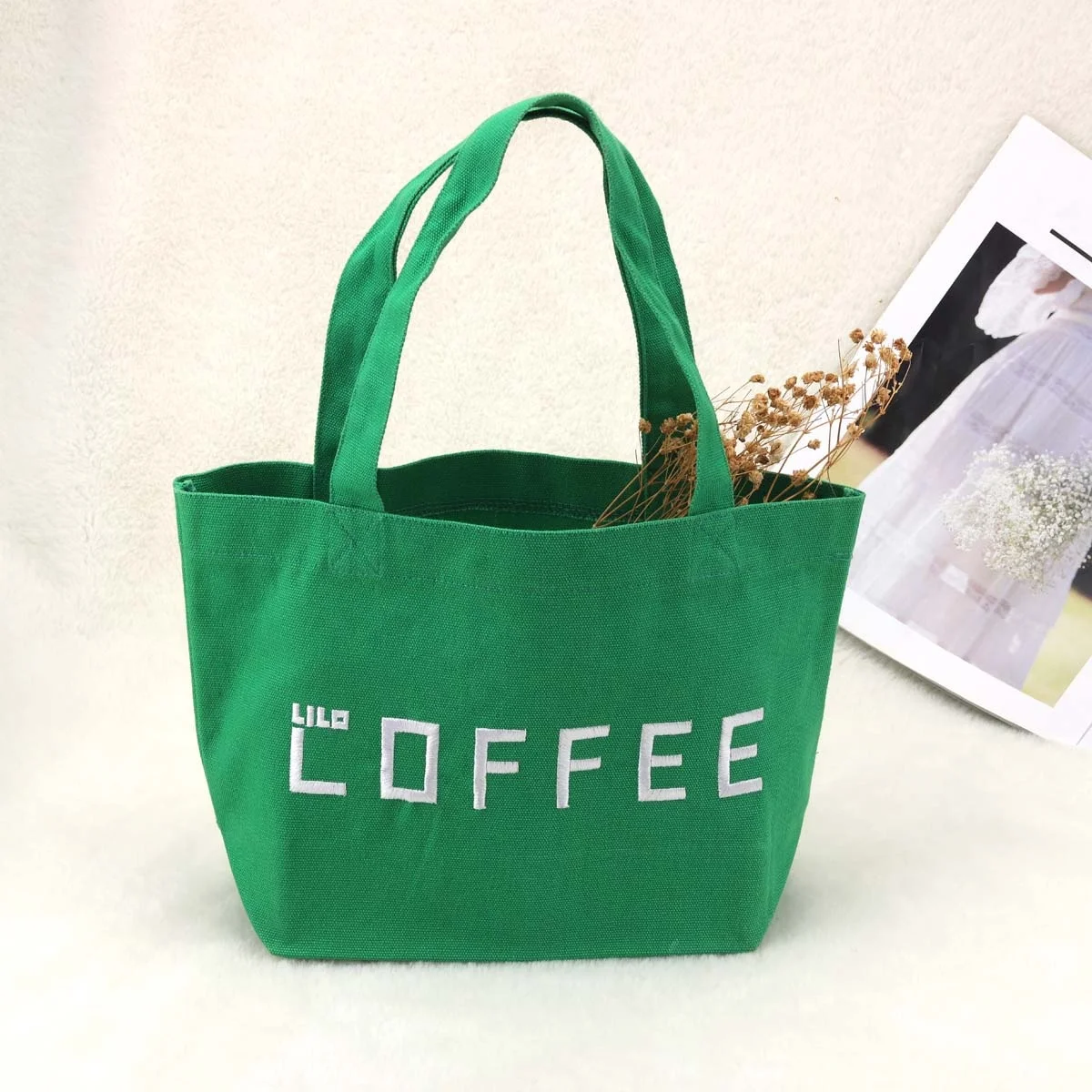 Natural Recyclable Square Bottom Canvas Handle Coffee Lunch Bag Promotion Custom Logo Printed Cotton Tote Shopping Bag