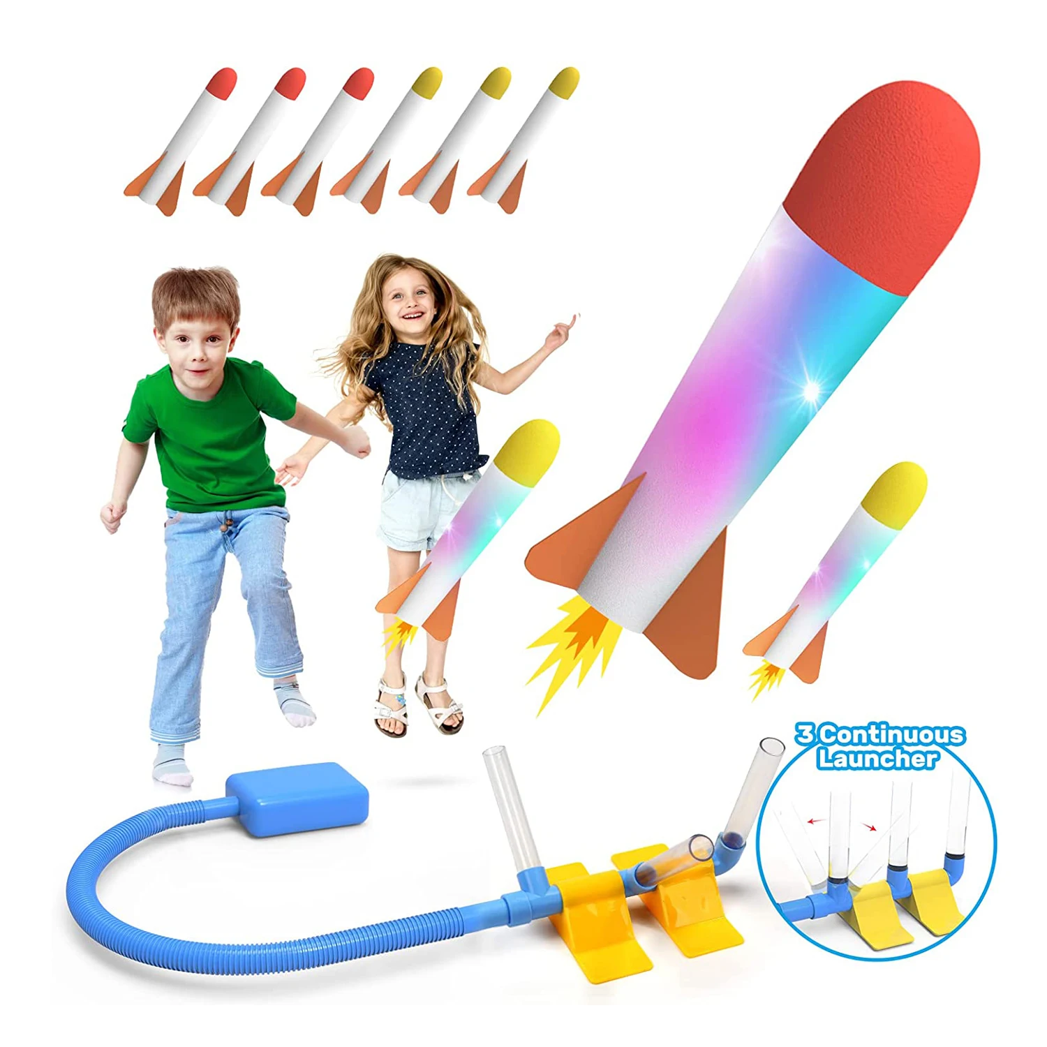 Eagle Stone ES25 Rocket Launcher for Kids 3 Rocket in A Row Adjustable Angle 6 Colorful Foam Rockets Kids Outdoor Play Toys