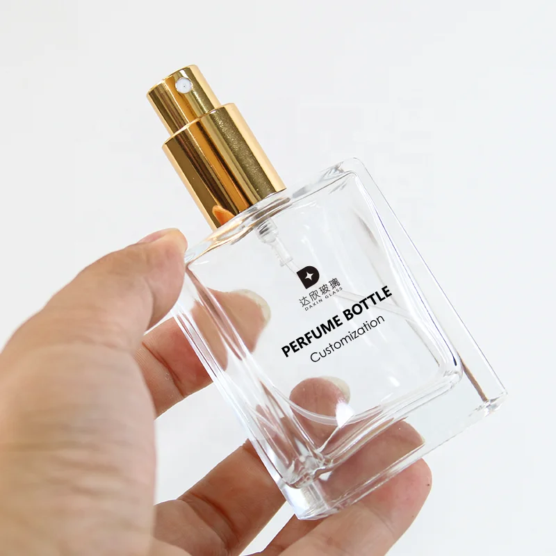 30ml 50ml Stocked Low MOQ Square Shape Aluminum Screw Sprayer Cap Transparent Glass Empty Perfume Spray Bottle for Sale