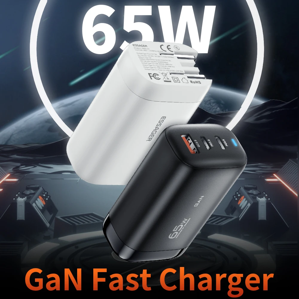 Essager 2022 Shining QC PD 3.0 Fast Charger 3 USB Wall Charger US/ EU/UK Charge Travel Adapter GaN Charger