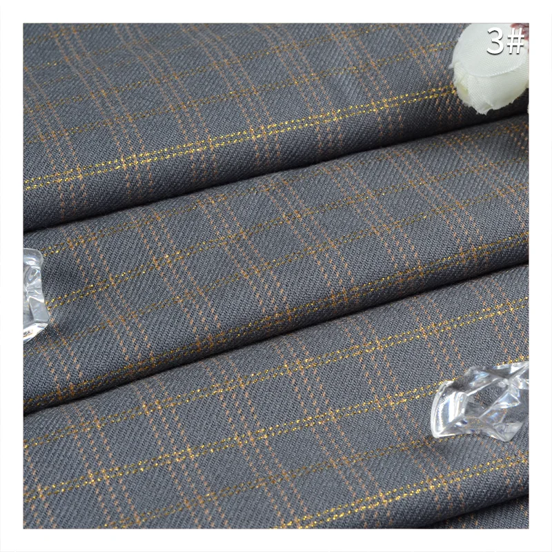 Viscose/polyester spandex gold thread grid fabric 270GSM woven elastic yarn-dyed plaid fabric textiles for fashion suiting pants