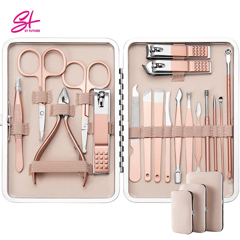 ST FUTURE Champagne Mini Manicure set Nail Clipper set 7/10/18pcs Stainless Steel Pedicure Care Grooming kit with Case