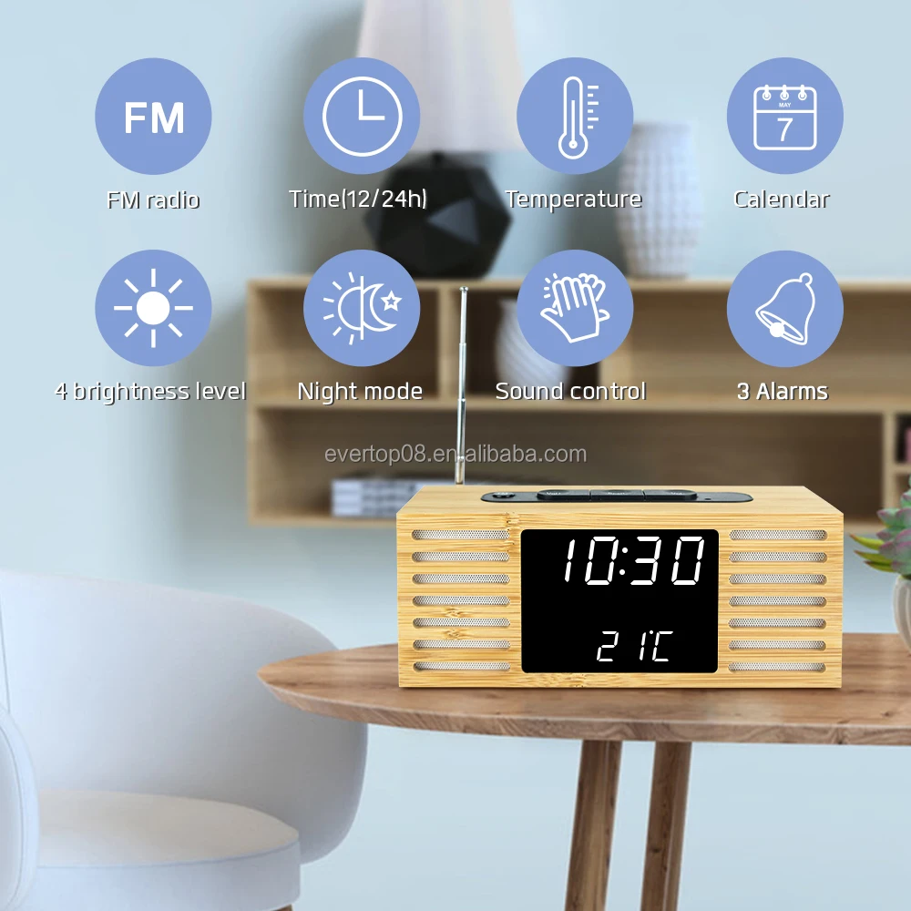 ET589 Home Decoration High Quality LED Bamboo Clock with FM Radio