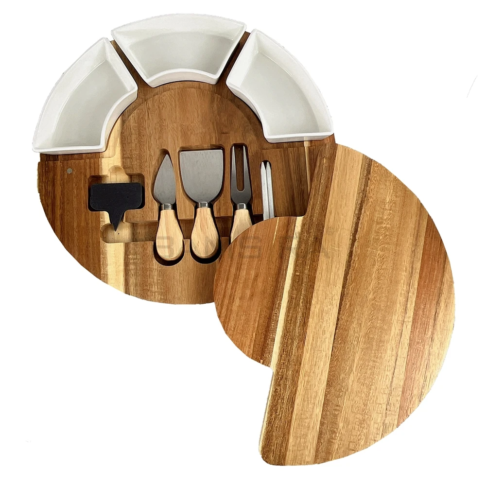 Acacia Wood Cheese Board Set, Rotating Charcuterie Board Set with Double Sided Marble Plate
