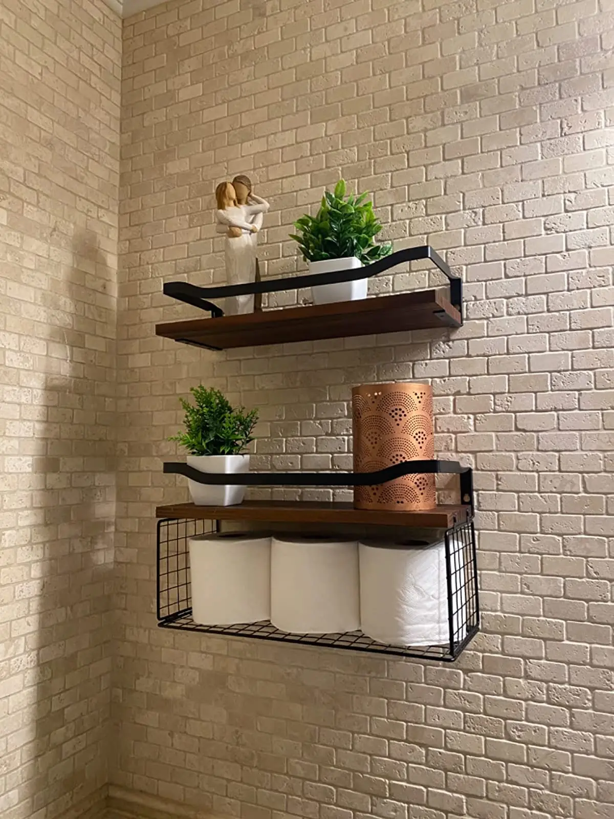 Wire Storage Basket Floating Shelves Wood  bathroom Wall Shelves